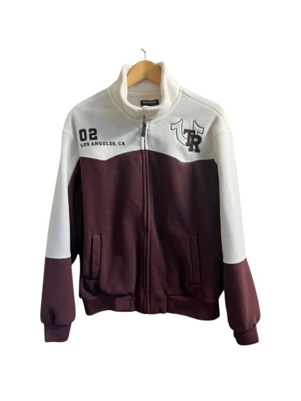 True Religion Mens XL Jacket Los Angeles 02 Varsity Fleece Maroon Cream Prep Win